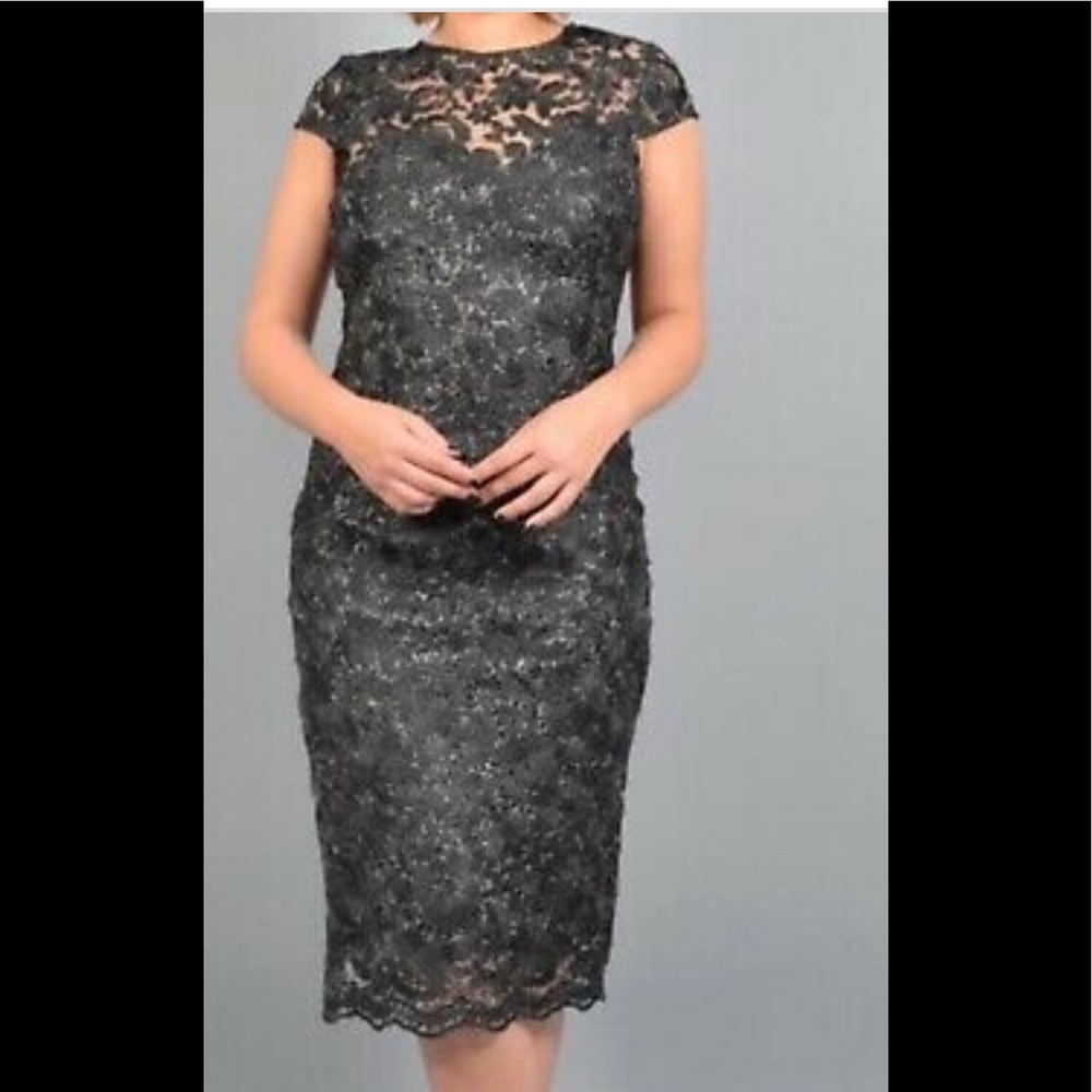 MARINA Black Short sleeve Lace Metallic Dress
